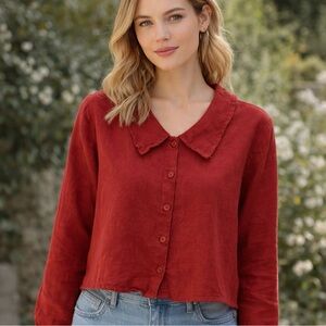 FLAX Linen Blouse Women S Oversized Red Penny Collar Cropped Lagenlook Feminine